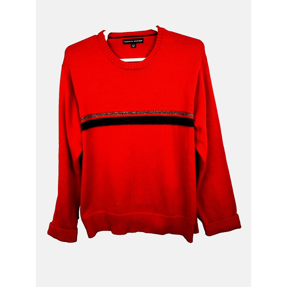 Tommy Hilfiger Sweater Mens XL Red Black Stripe Cotton Crew Neck Casual Preppy